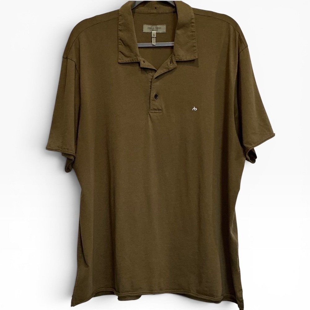 Rag & Bone Mens Organic Cotton Short Sleeve Polo Shirt Olive Brown XL Relaxed